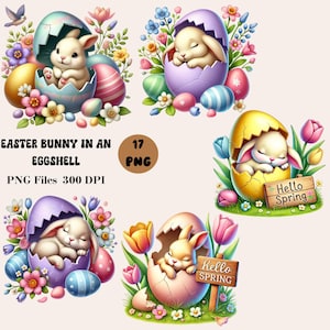 May include: Four digital illustrations of Easter bunnies sleeping inside cracked eggshells. Each bunny is surrounded by flowers and spring-themed decorations. One bunny has a sign that says "Hello Spring".