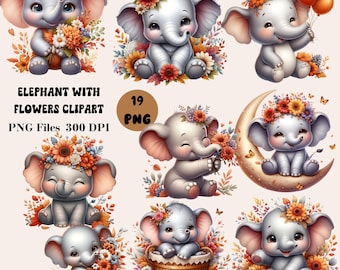 19 Elephant with Flowers Clipart, Baby Elephant PNG, Floral Elephant Clipart, Elephant Baby Shower Clipart