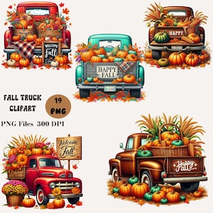 May include: A collection of fall-themed digital clipart featuring vintage trucks loaded with pumpkins, gourds, and autumn foliage. The trucks are in various colors, with text that reads "Welcome Fall" and "Happy Fall".
