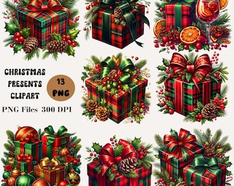 13 Christmas Presents Clipart, Christmas Presents PNG Bundle, Christmas Gifts Clipart, Festive Gift Illustrations