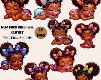 22 Newborn Chibi Girl Clipart, Chibi Girl PNG Bundle, Black Girl Clipart Bundle, Afro American Chibi Girl Clipart