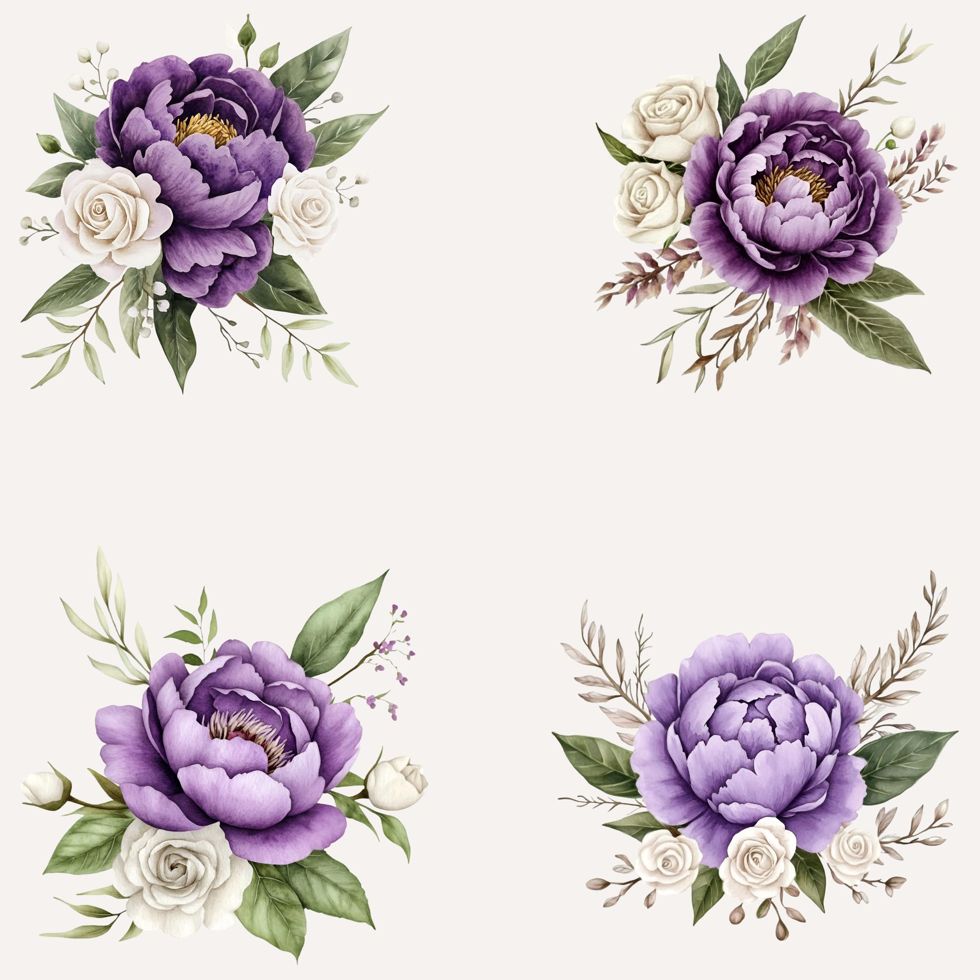 23 Purple Peony Flowers Clipart, Peony Bouquet Clipart, Floral Peonies ...
