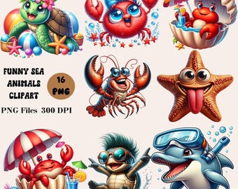 16 roliga havsdjur Clipart, Undervattensdjur Clipart, Havsdjur PNG Bundle, Havsdjur Clipart