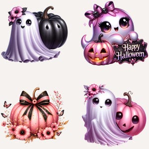 25 Pink Halloween Ghost Clipart, Spooky Kawaii Ghost Clipart, Pink Halloween Clipart Bundle, Spooky Halloween Clipart
