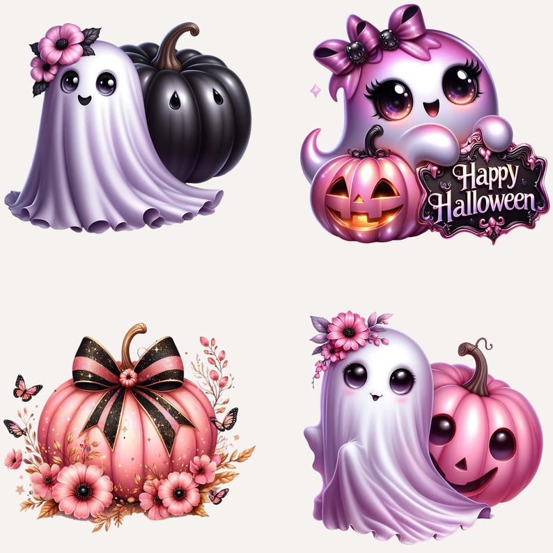 25 Pink Halloween Ghost Clipart, Spooky Kawaii Ghost Clipart, Pink Halloween Clipart Bundle, Spooky Halloween Clipart