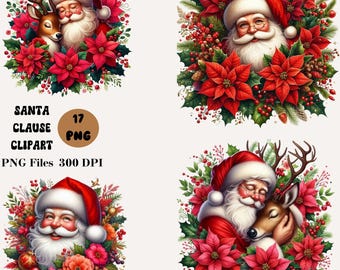 17 Santa Claus Clipart, Xmas Santa Claus PNG Bundle, Christmas Santa Clipart, Santa Claus and Reindeer Clipart