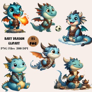 Puede incluir: Un conjunto de 25 imágenes de clipart digital que presentan adorables dragones bebés en varias poses. Los dragones son azules con acentos azul claro y tienen ojos grandes. Llevan diferentes atuendos, incluyendo un chaleco, una camisa con corbata de moño y una camisa con una bufanda. Todos los dragones sonríen y tienen expresiones amigables.