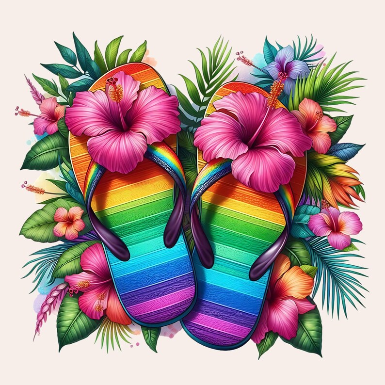 May include: A pair of rainbow-colored flip-flops with pink hibiscus flowers on each strap. The flip-flops are surrounded by green tropical leaves and flowers.