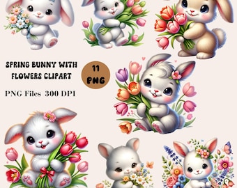 11 Spring Bunny with Flowers Clipart, Cute Easter Bunny PNG, Spring Clipart Bundle, Cute Spring Bunny Clipart