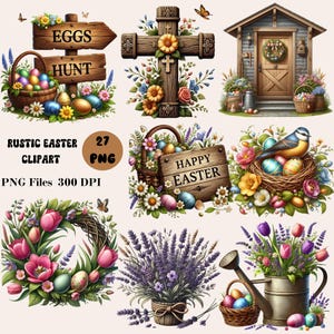 Op de afbeelding: Een set van 27 digitale clipart-afbeeldingen met rustieke paasmotieven. De afbeeldingen omvatten een houten kruis met bloemen, een vogelnest met eieren, een houten bord met de tekst "Prettige Pasen", een krans met tulpen en eieren, een lavendelboeket en een gieter met bloemen en eieren.