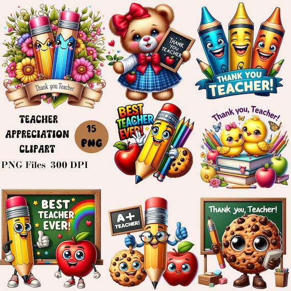 15 Teacher Appreciation Clipart, Thank You Teacher Clipart, Best Teacher Ever Clipart, Teacher PNG Bundle