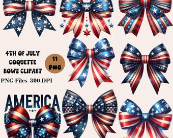 4th of July Coquette Bows Clipart, 11 Patriotic Coquette Bows Clipart, USA Flag Bow PNG Bundle, American Flag Sublimation