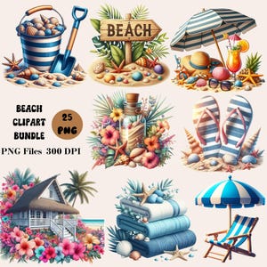 25 Summer Beach Clipart, Nautical Ocean Clipart, Beach Day PNG Bundle, Beach Clipart Bundle, Summer Sublimation