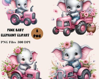 8 imágenes prediseñadas de elefante bebé rosa, paquete de imágenes prediseñadas de elefante lindo, imágenes prediseñadas de guardería para niña, gráficos de baby shower PNG