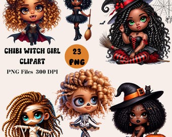 23 imágenes prediseñadas de bruja chibi, imágenes prediseñadas de bruja chibi de Halloween, imágenes prediseñadas de bruja afroamericana de Halloween, paquete de imágenes prediseñadas de Halloween