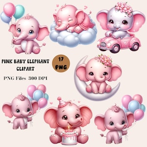 17 Pink Baby Elephant Clipart, Cute Baby Elephant PNG, Baby Elephant with Balloons Clipart, Nursery Decor Clipart