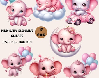 17 imágenes prediseñadas de elefante bebé rosa, lindo elefante bebé PNG, imágenes prediseñadas de elefante bebé con globos, imágenes prediseñadas de decoración de guardería
