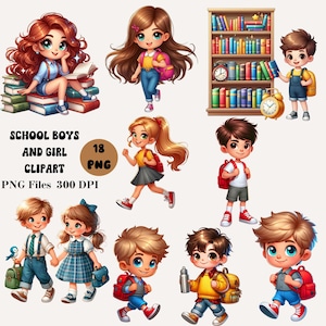 18 School Boys and Girls Clipart, School Kids Clipart, Back to School Clipart Bundle, School PNG Bundle