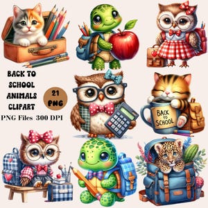 May include: A digital clipart set featuring various back-to-school animal illustrations. The set includes a kitten in a suitcase, a turtle with an apple, an owl with a calculator, and a leopard in a backpack. The text reads "Back to School Animals Clipart".