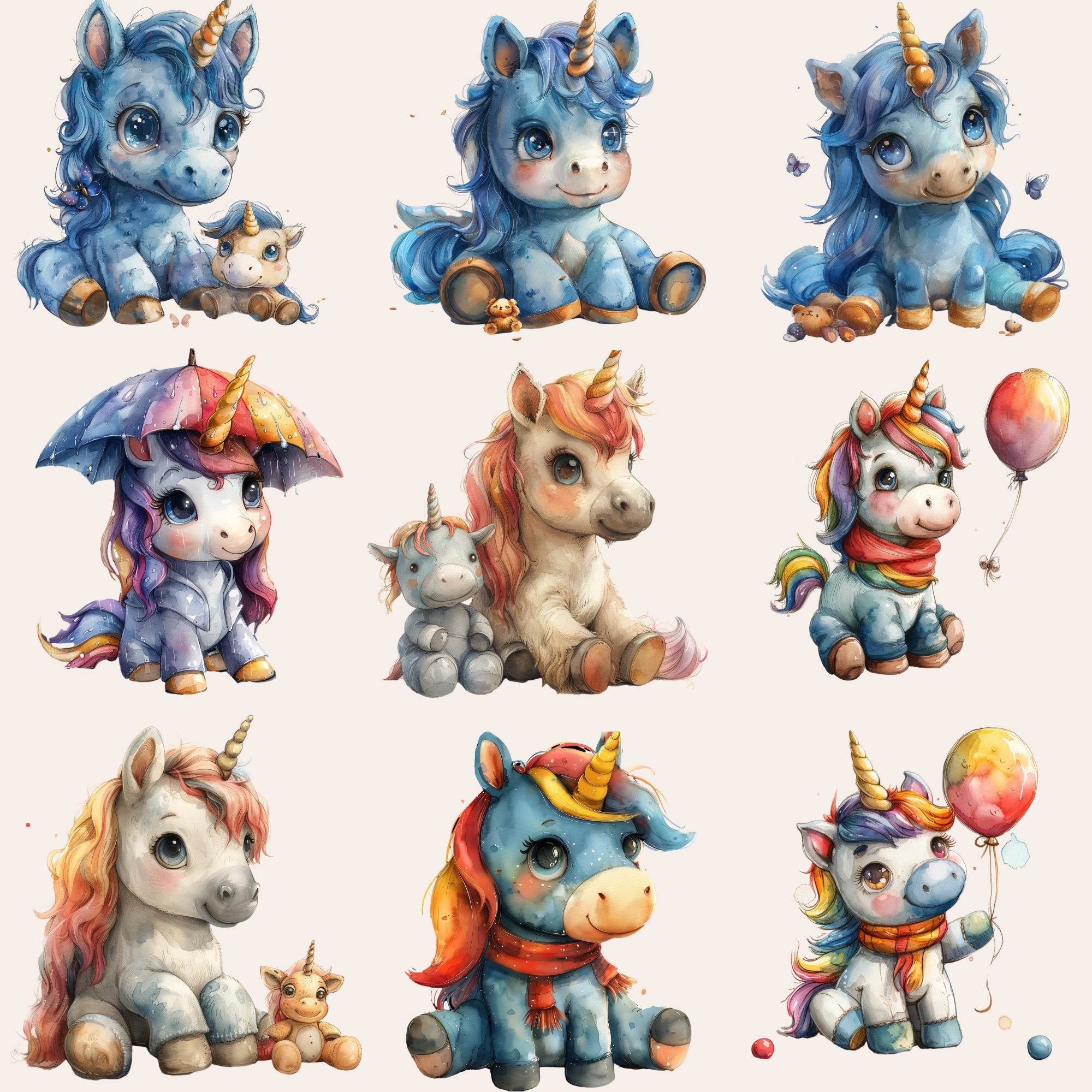50 Cute Unicorn Clipart, Watercolor Unicorn PNG, Unicorn Clipart Bundle ...