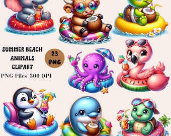 23 Summer Beach Animals Clipart, Cute Summer Animals Clipart, Summer Animals PNG, Summer PNG Bundle, Summer Sublimation