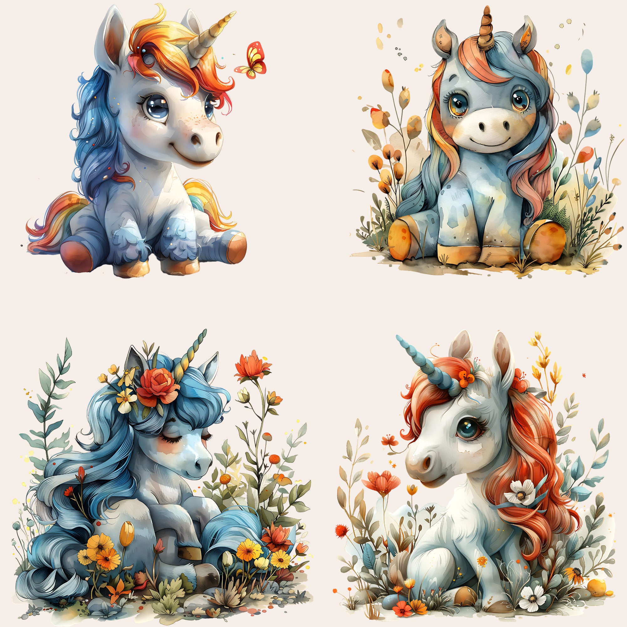 50 Cute Unicorn Clipart, Watercolor Unicorn PNG, Unicorn Clipart Bundle ...