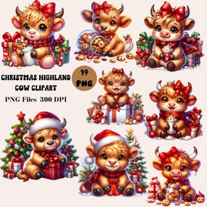 19 Cute Christmas Highland Cow Clipart, Highland Cow PNG, Festive Highland Cow Clipart, Christmas PNG Bundle