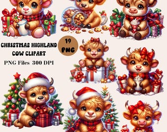 19 Cute Christmas Highland Cow Clipart, Highland Cow PNG, Festive Highland Cow Clipart, Christmas PNG Bundle