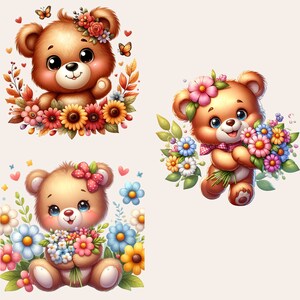Teddy Bear Clipart Bundle, Teddy Bear with Flowers PNG, Floral Teddy Bear Clipart, Teddy Bear Baby Shower Clipart