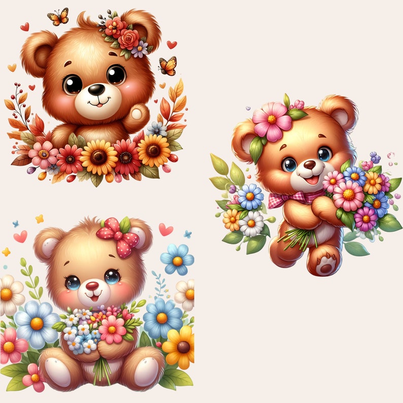 Teddy Bear Clipart Bundle, Teddy Bear with Flowers PNG, Floral Teddy Bear Clipart, Teddy Bear Baby Shower Clipart