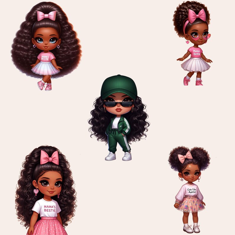 Chibi Girl Clipart Bundle, Afro Girl Clipart, Black Girl Clipart, Chibi Girl PNG, Chibi Doll PNG