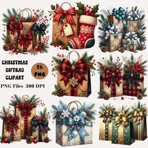 26 julklappspåsar clipart, rustik presentpåse clipart, julklappar clipart, mysig jul clipart för julkort