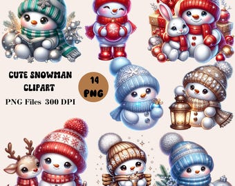 14 Cute Snowman Clipart, Festive Snowman Clipart, Christmas Clipart Bundle, Christmas Snowman PNG