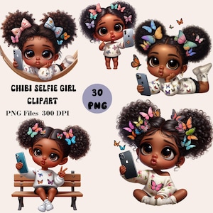 30 ちびセルフィーガールクリップアート、かわいいちびガール PNG、黒人ちびガールクリップアート、アフロアメリカンちびガール PNG