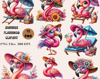13 Summer Flamingo Clipart, Cute Flamingo PNG Bundle, Tropical Flamingo Clipart, Summer Sublimation