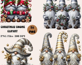 26 Christmas Gnome Clipart, Festive Gnome PNG, Winter Gnome Clipart Bundle, Cute Christmas Sublimation Designs