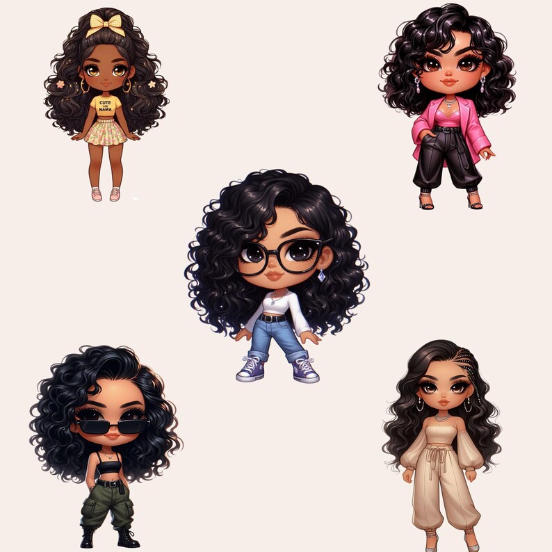 Chibi Girl Clipart Bundle, Afro Girl Clipart, Black Girl Clipart, Chibi Girl PNG, Chibi Doll PNG