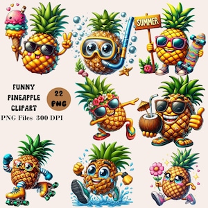 Op de afbeelding: Een set van 22 digitale clipart-afbeeldingen met grappige ananas-personages in verschillende zomerse poses. De ananas dragen zonnebrillen, hoeden en andere accessoires, en sommigen houden drankjes of sportuitrusting vast. De tekst "FUNNY PINEAPPLE CLIPART" en "22 PNG" is in de afbeelding opgenomen.