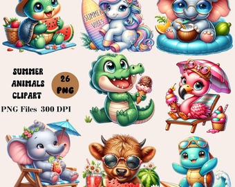 26 Summer Animals Clipart, Summer Beach Animals PNG, Summer Baby Animals Clipart, Summer Sublimation