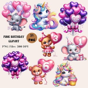 31 imágenes prediseñadas de cumpleaños rosa, imágenes prediseñadas de fiesta de cumpleaños, imágenes prediseñadas de unicornio de cumpleaños, imágenes prediseñadas de osito de peluche de cumpleaños
