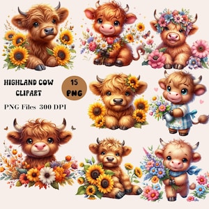 15 Highland Cow Clipart Bundle, Highland Cow with Flowers PNG, Spring Highland Cow Clipart, Highland Cow Nursery Clipart