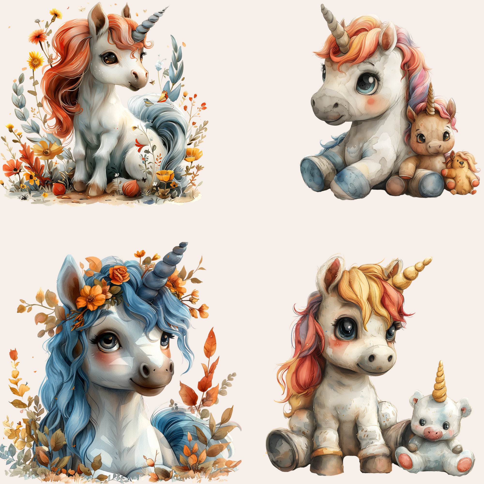 50 Cute Unicorn Clipart, Watercolor Unicorn PNG, Unicorn Clipart Bundle ...