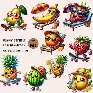 Op de afbeelding: Een set van 22 cartoon fruit illustraties. De vruchten dragen zonnebrillen, hoeden en andere zomeraccessoires. Sommigen liggen op een strandstoel, anderen op een skateboard en een houdt een drankje vast. De tekst "FUNNY SUMMER FRUITS CLIPART" en "PNG Files 300 DPI" is in de afbeelding opgenomen.