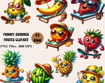22 Funny Summer Fruits Clipart, Cute Fruits Clipart, Summer Clipart Bundle, Summer Graphics