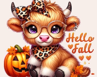 Hello Fall Highland Cow Clipart, Fall Highland Cow PNG, Baby Highland Cow Clipart, Autumn Highland Cow PNG