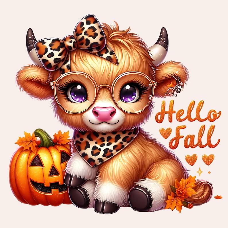 Puede incluir: Una vaca de las tierras altas de dibujos animados linda con un lazo, gafas y una bufanda de estampado de leopardo marr&oacute;n y negro. La vaca est&aacute; sentada junto a una calabaza tallada en forma de cara. El texto "Hello Fall" est&aacute; escrito en purpurina naranja y dorada con corazones.