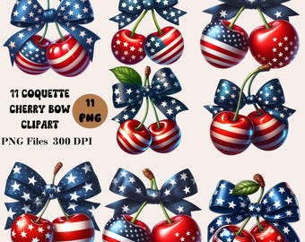 11 Coquette Cherry Bow Clipart, Coquette Bow Clipart, 4th Of July PNG Bundle, Patriotic Cherry Bow Clipart