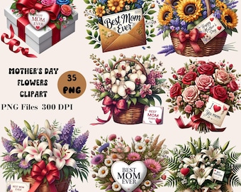 35 Mother's Day Flowers Clipart, Happy Mother's Day Clipart Bundle, Mother's Day PNG Graphics, Flower Basket Clipart