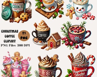 21 Christmas Coffee Clipart, Christmas Hot Chocolate PNG Bundle, Holiday Latte Art, Christmas Hot Cocoa Clipart