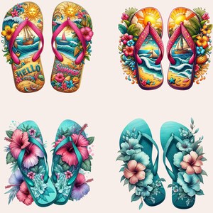 May include: Four pairs of colorful flip-flops with floral designs. The first pair has a blue and white floral design with the text "HELLO SUMMER". The second pair has a yellow, orange, and green floral design with the text "SUMMER". The third pair has a blue and pink floral design. The fourth pair has a blue and green floral design.